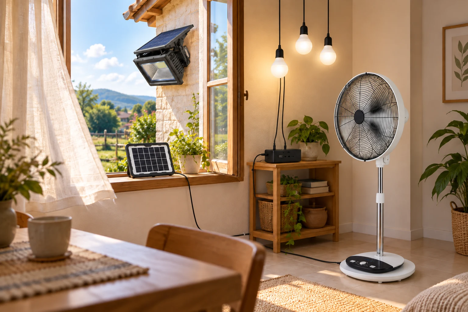 A coordinated home solar system with outdoor lighting, a window-mounted panel, an indoor fan, and hanging lights